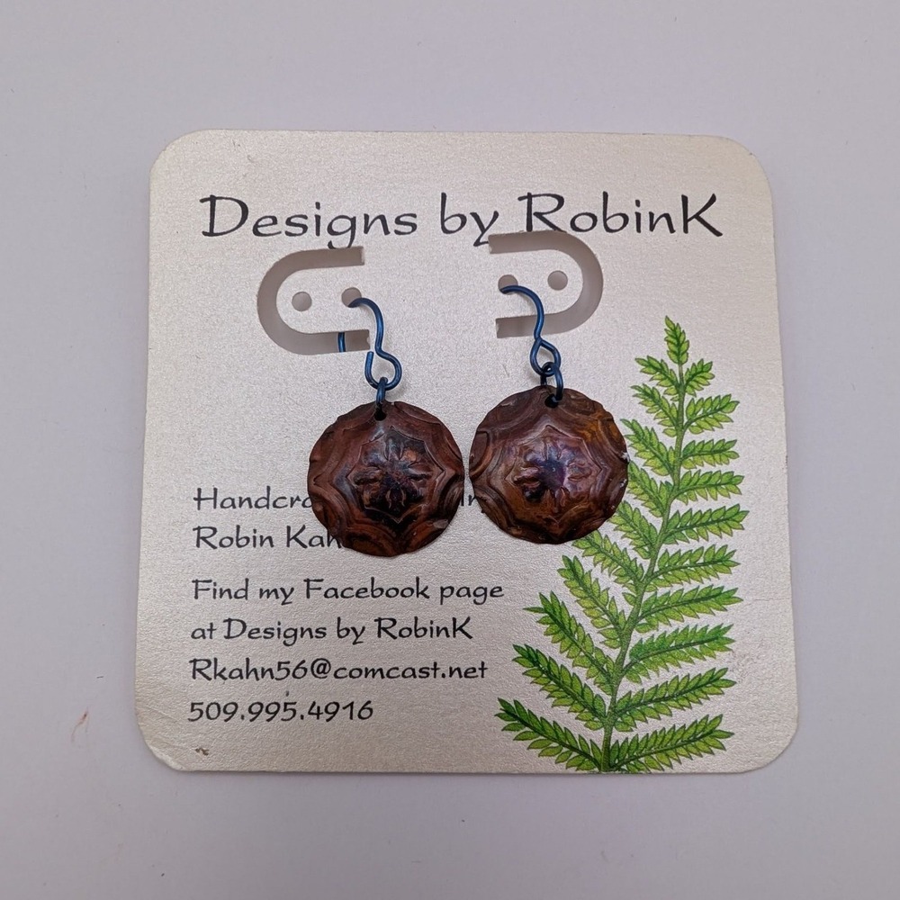 Designs‎ by RobinK Handcrafted Embossed Torch Fired Copper Niobium Earrings 3617
